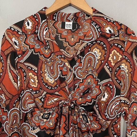 Studio 1940 Size Small Brown Stretch Knit Top Y2K Goblincore Boho Festival Retro - Picture 5 of 11